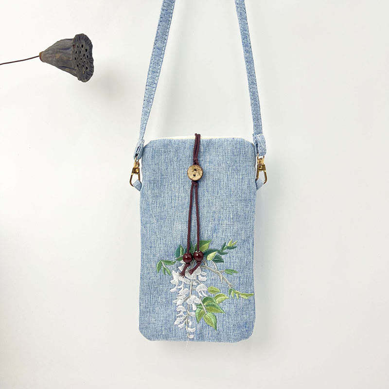 Small Embroidered Flowers Crossbody Bag Shoulder Bag Cellphone Bag 11*20cm