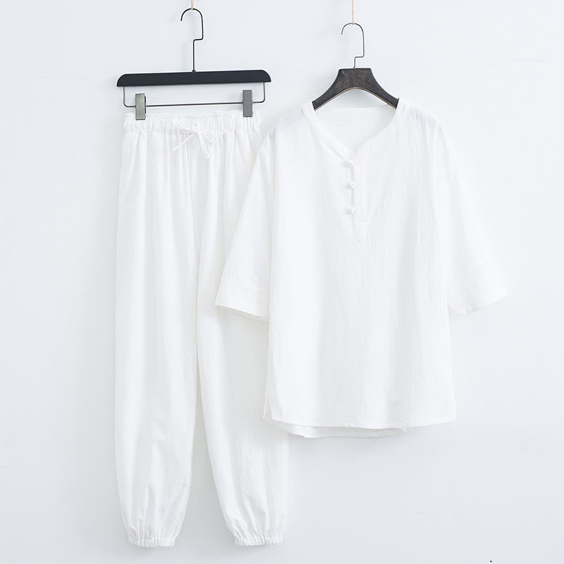 Solid Color Traditional Cotton Linen Short Sleeve T-shirt Pants Clothing Men's Set