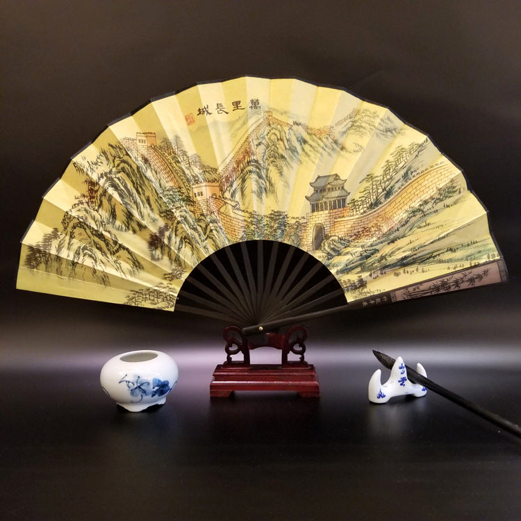 Great Wall Mountains Trees Crane Bamboo Handheld Bamboo Folding Fan 33.5cm