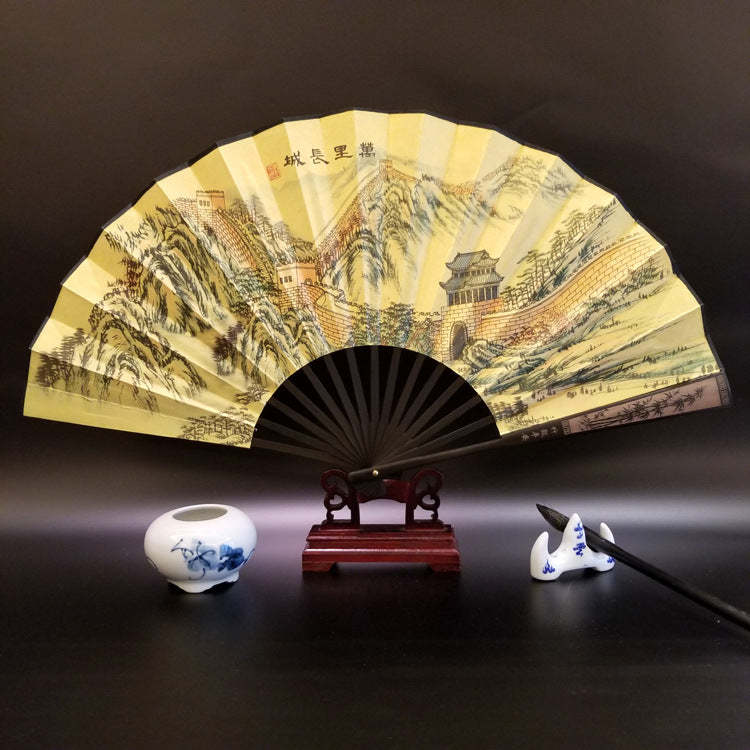 Great Wall Mountains Trees Crane Bamboo Handheld Bamboo Folding Fan 33.5cm