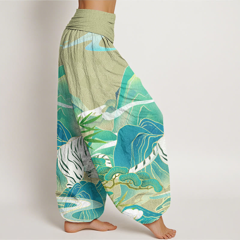 Casual White Tiger Mountain Waves Women's Elastic Waist Harem Pants