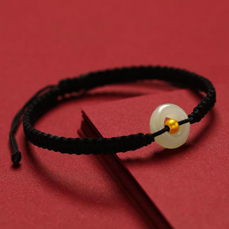 999 Gold Bead Round Peace Buckle Hetian Jade Luck Abundance Braided Bracelet Anklet