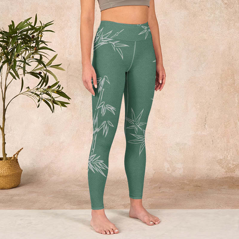 Green White Bamboo Leaves Print Gym Leggings Women's Yoga Pants