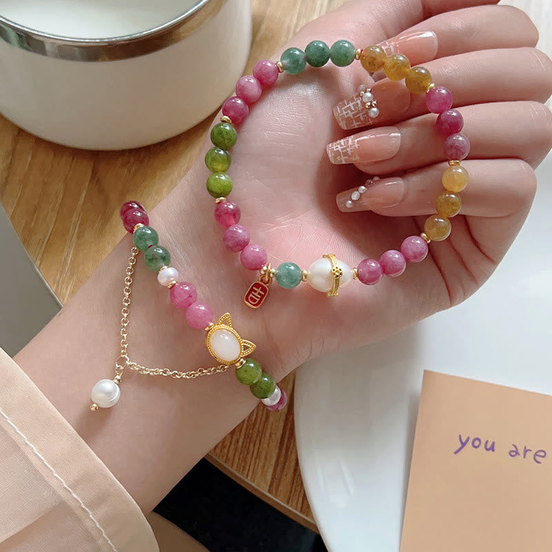 Colorful Tourmaline Lucky Cat Positive Bracelet