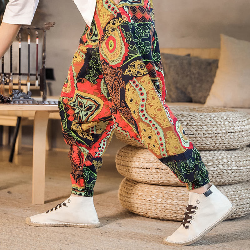 Red Gold Casual Leaves Print Cotton Men's Harem Pants With Pockets