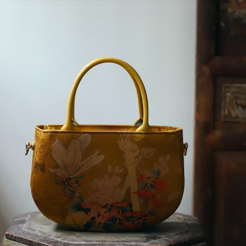 Vintage Flower Peony Metal Chain Zipper Handbag Crossbody Bag Shoulder Bag