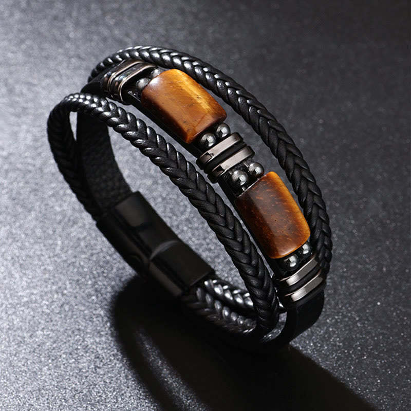 Tiger Eye Power Magnetic Buckle Multilayered Leather Bracelet
