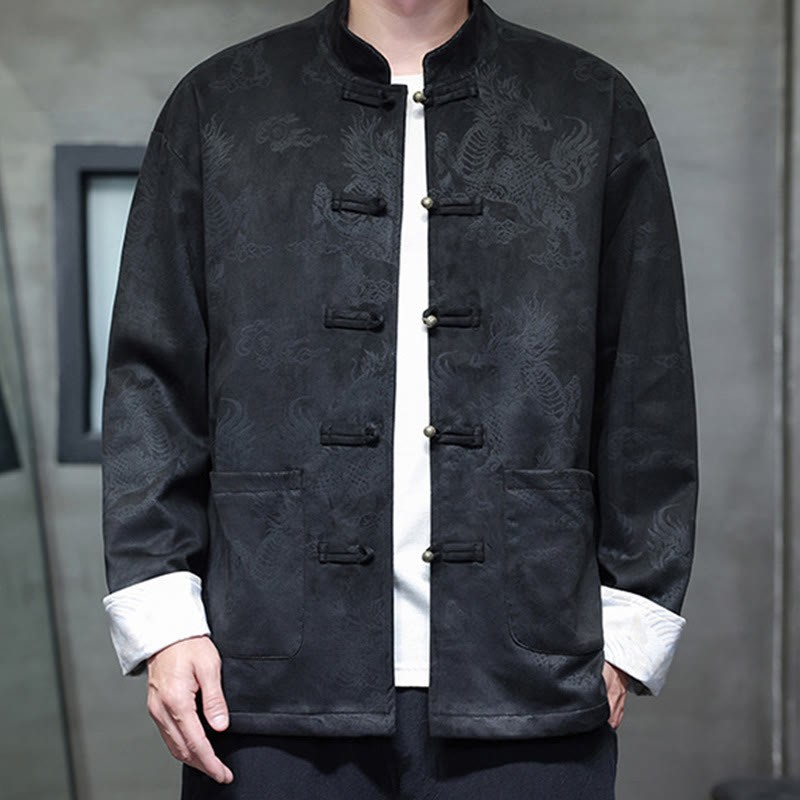 Chinese New Year Kirin Print Frog-button Tang Suit Men's Jacket Shirt With Pockets