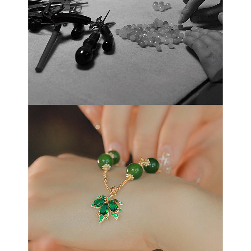 14k Gold Plated Green Chalcedony Maple Leaf Courage Strength Bracelet
