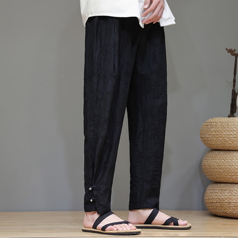 Bamboo Ankle Frog-button Drawstring Men's Pants With Pockets