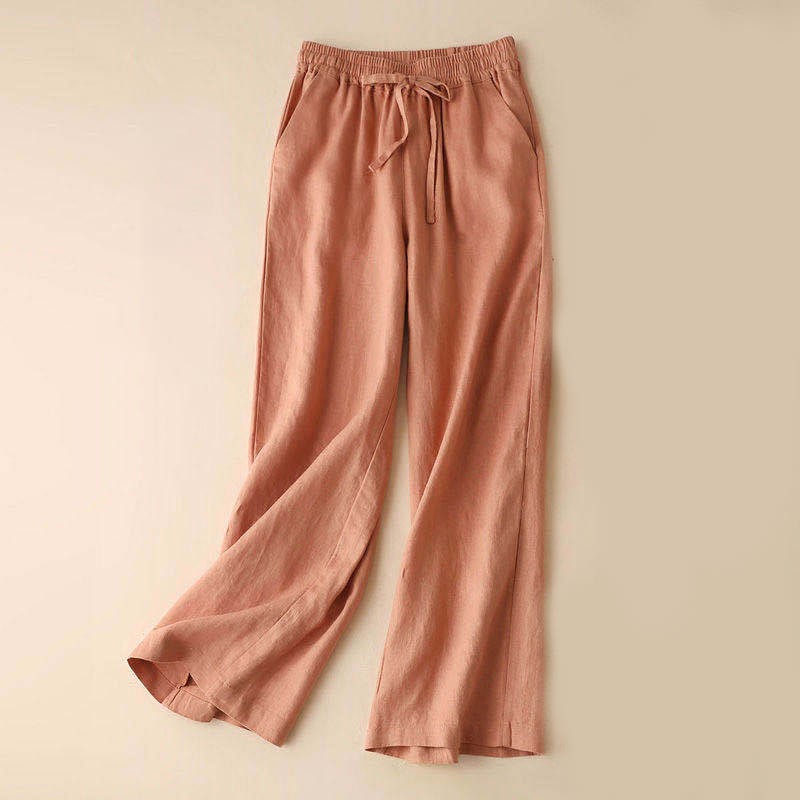 Casual Cotton Linen High Waist Lace-up Wide Leg Pants With Pockets