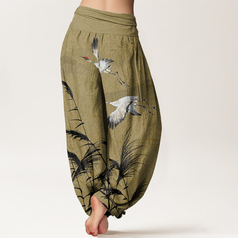 Flying Crane Auspicious Clouds Wild Grasses Mountain Pattern Women's Elastic Waist Harem Pants
