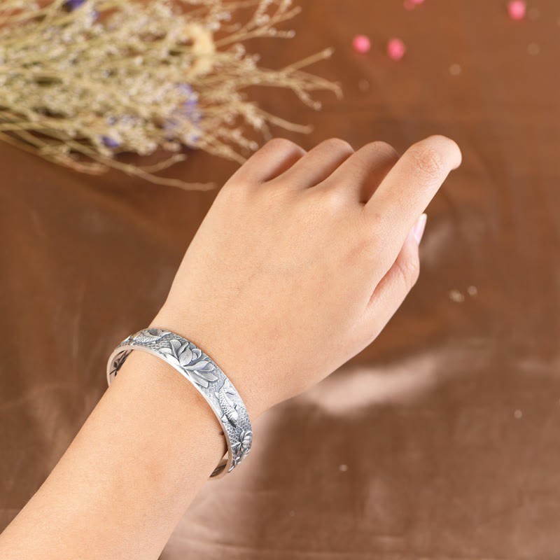 999 Sterling Silver Luck Koi Fish Lotus Wealth Bracelet Bangle