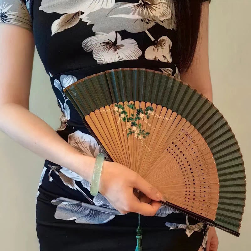 Flower Plain Handheld Polyester Tassel Bamboo Folding Fan 21cm