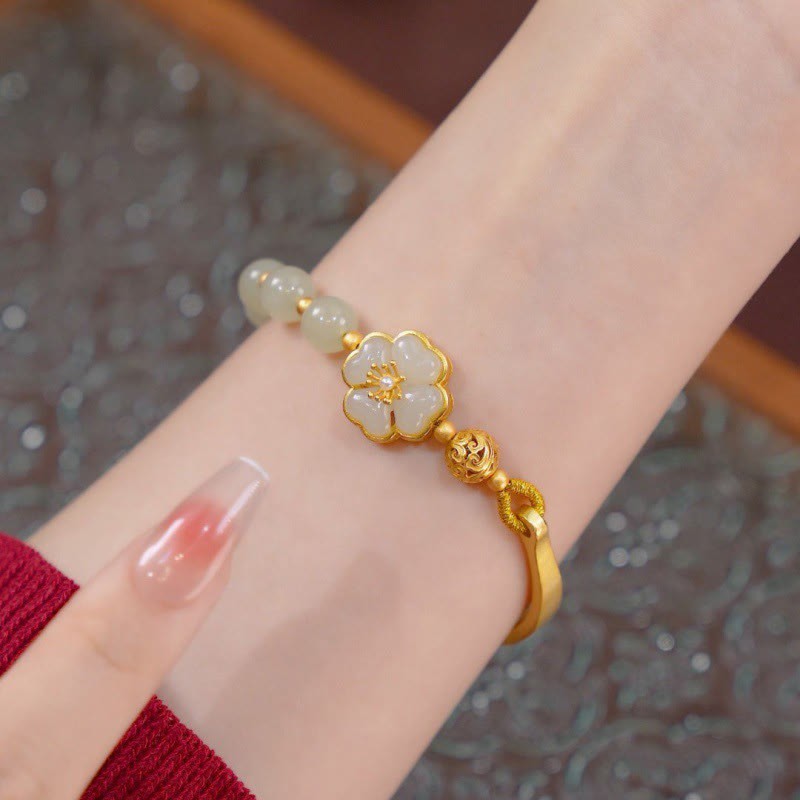 Hetian Jade 925 Sterling Silver Flower Luck Cuff Half Bracelet Bangle