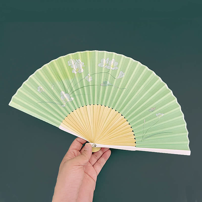 Orchid Begonia Flower Handheld Cotton Linen Fabric Bamboo Folding Fan