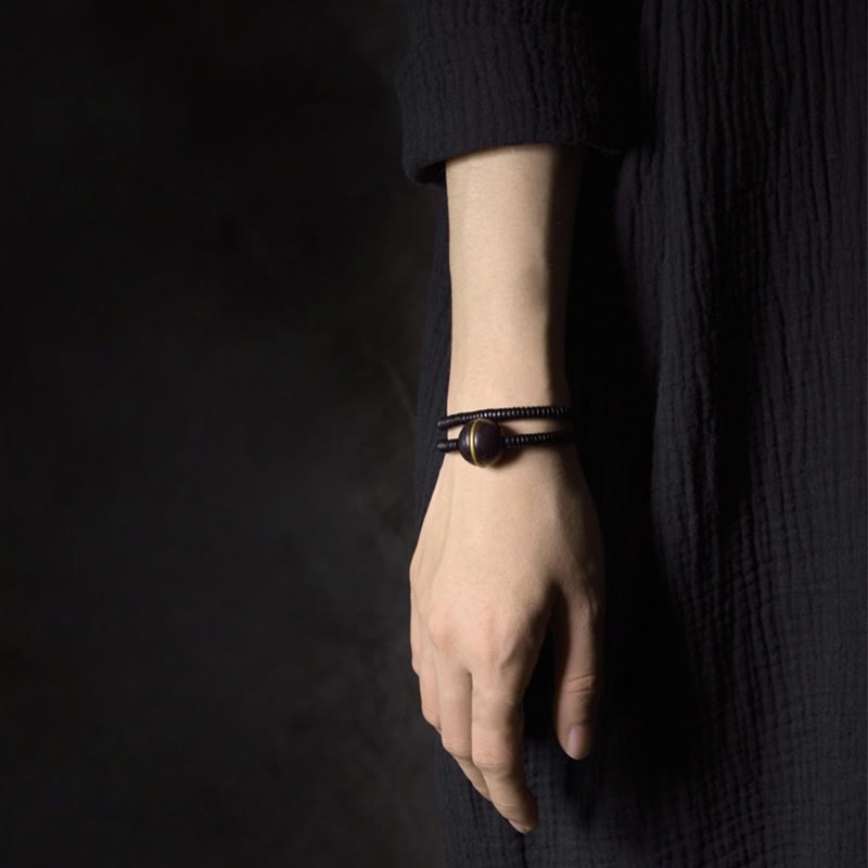 Ebony Wood Copper Brass Balance Ball Cuboid Double Wrap Bracelet Necklace
