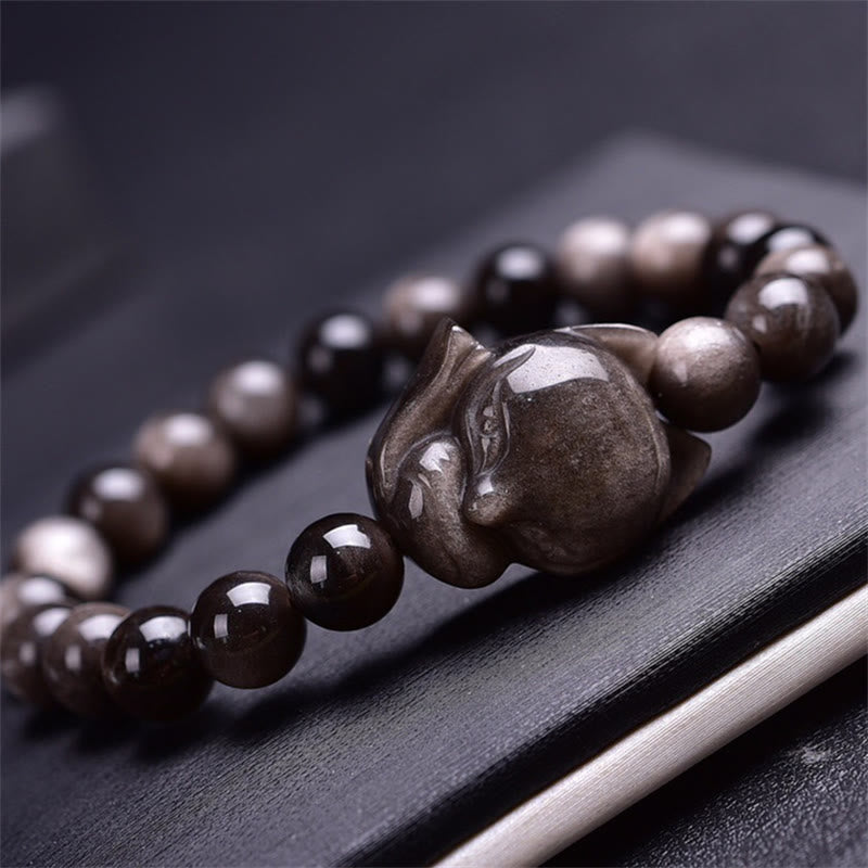 Natural Silver Sheen Obsidian Fox Protection Bracelet