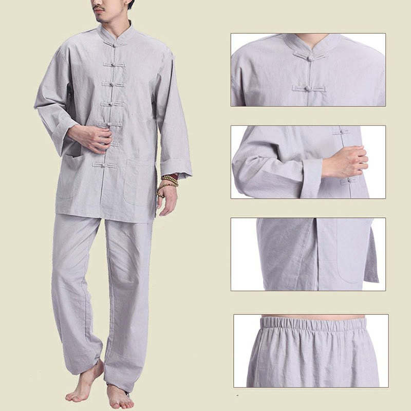 Chinese Frog Button Design Meditation Prayer Cotton Linen Spiritual Zen Practice Yoga Clothing Men's Set