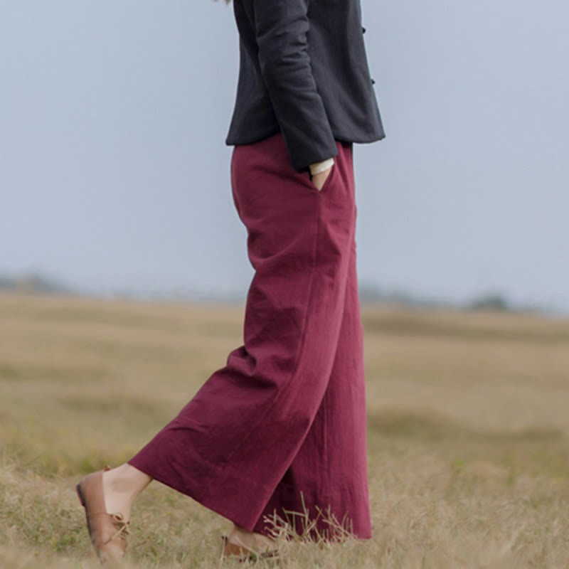 Casual Plain Loose Women's Ramie Wide Leg Pants With Pockets