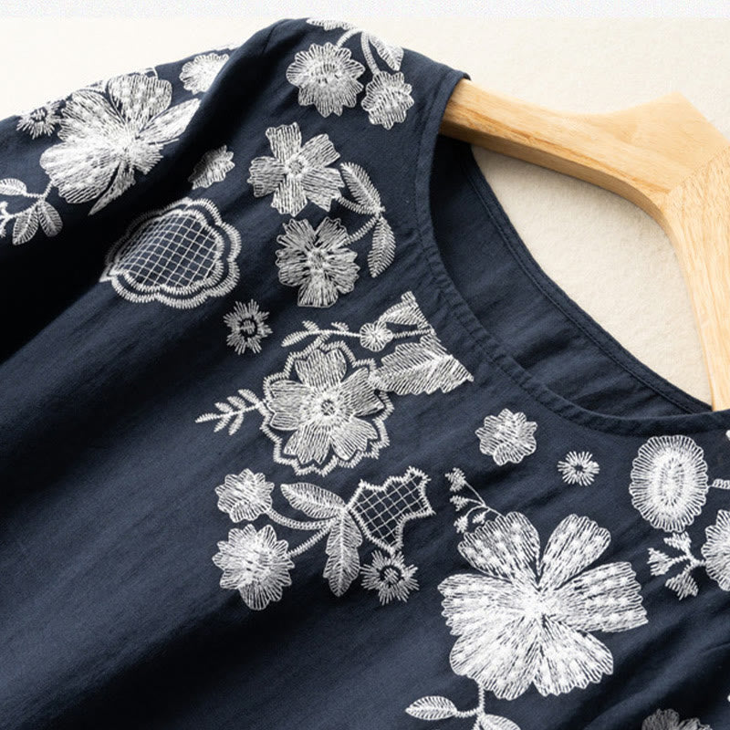 Casual Embroidered Petals Women's Crew Neck Design Half Sleeve Cotton T-Shirt