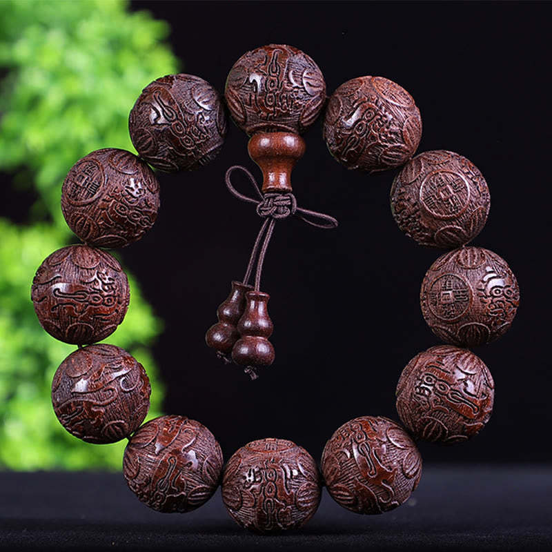 Chinese Zodiac Rosewood Ebony Boxwood Copper Coin PiXiu Carved Warmth Bracelet