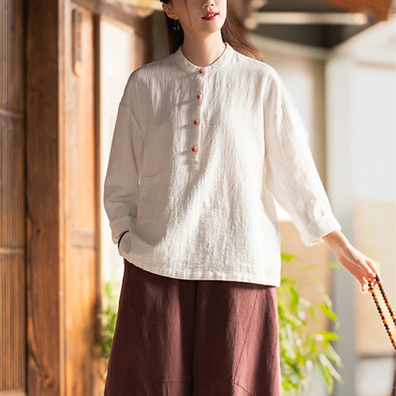 Solid Color Loose Button Blouse Long Sleeve Shirt Top