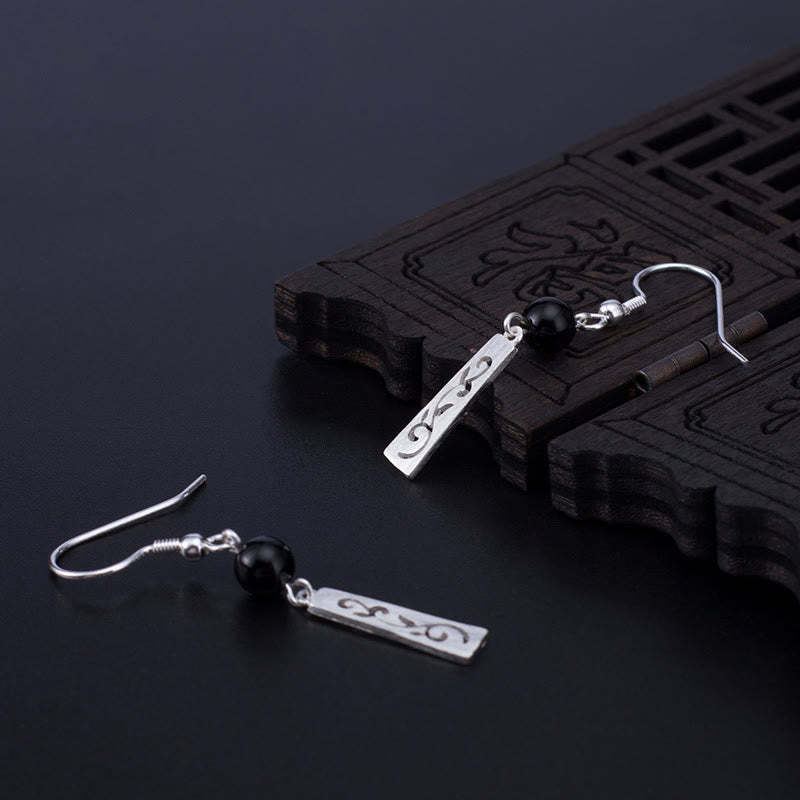 925 Sterling Silver Black Onyx Hollow Vine Protection Drop Earrings