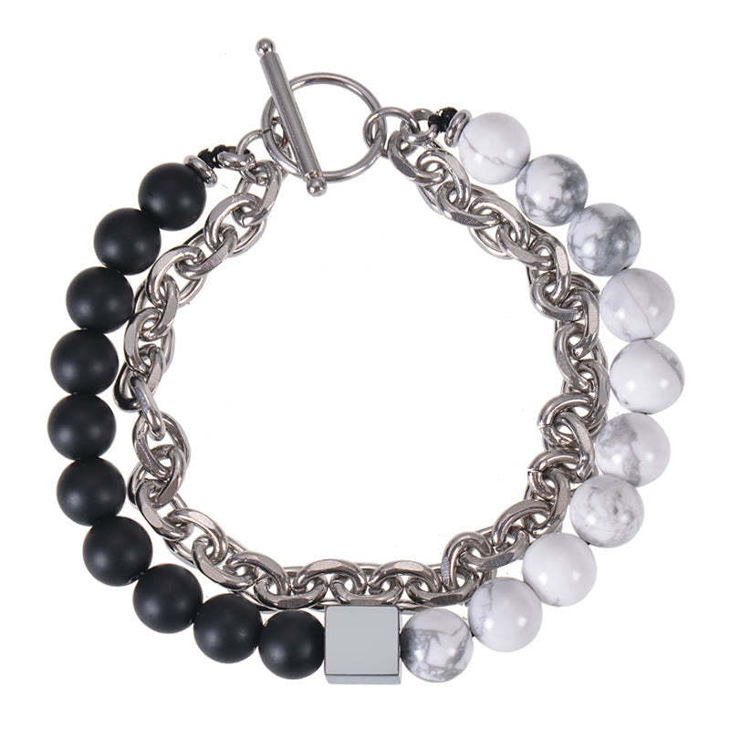 Colorful Tiger Eye Frosted Stone Black Magnetite Titanium Steel Double Wrap Protection Bracelet