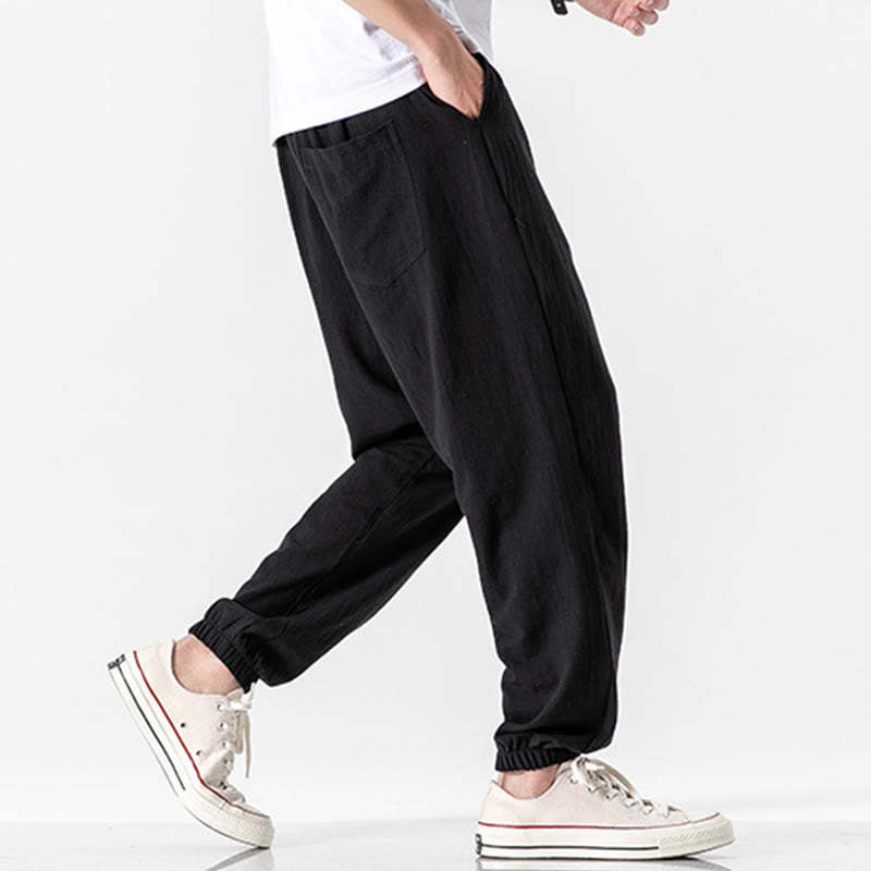 Solid Color Drawstring Cotton Men's Pants With Pockets