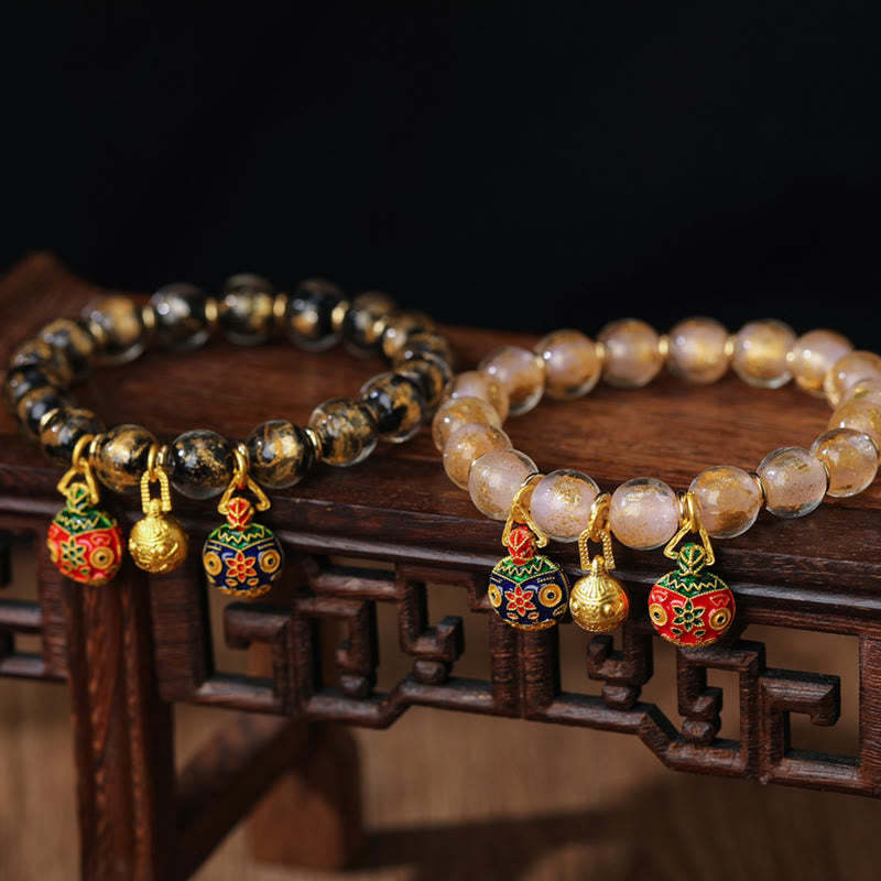 Gold Swallowing Beast Family Charm Gold Silver Foil Liuli Glass Bead Blessings Bracelet