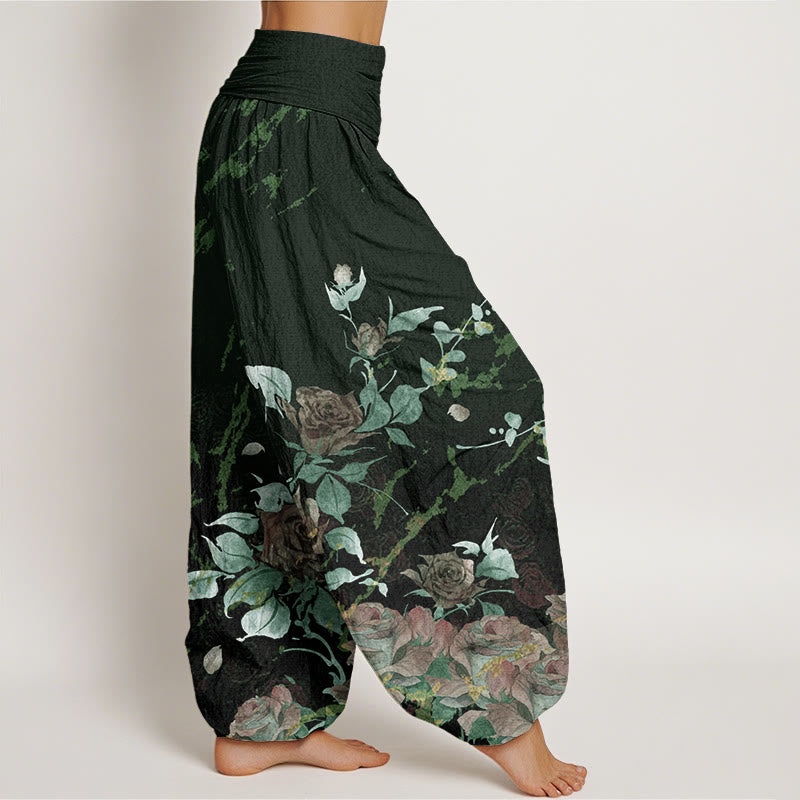 Blooming Roses Pattern Women's Elastic Waist Harem Pants