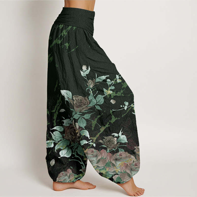 Blooming Roses Pattern Women's Elastic Waist Harem Pants
