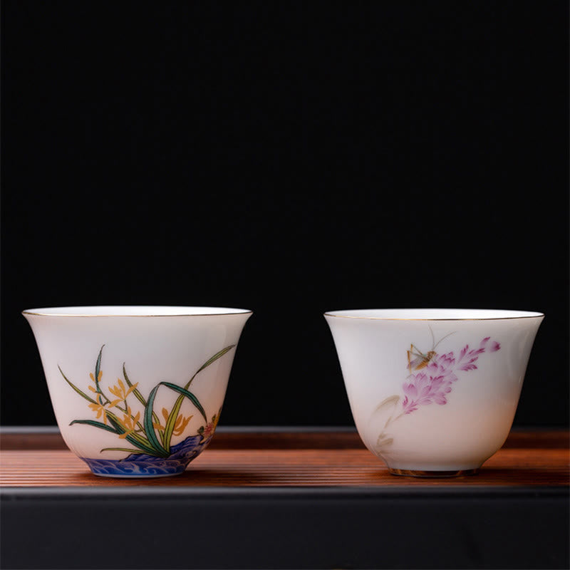 Colorful Flowers Orchid Sea Waves Blue and White Porcelain Ceramic Teacup Kung Fu Tea Cup