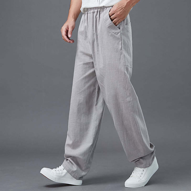 Plain Color Elastic Waist Ramie Linen Men's Pants With Pockets
