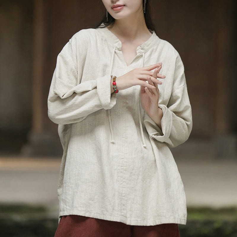 Retro Solid Color Long Sleeve Ramie Linen Women's Shirt