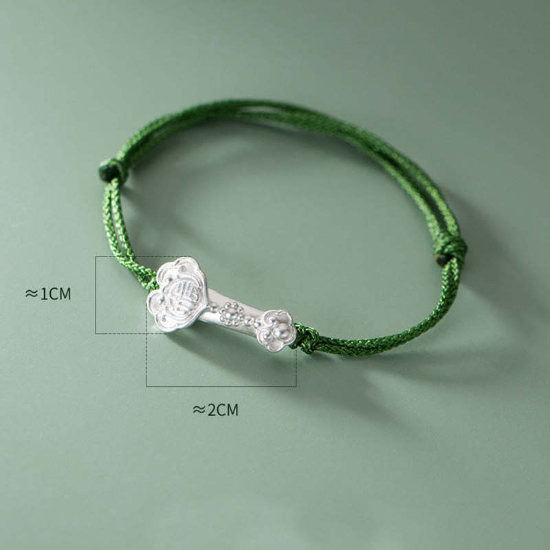Handmade 999 Sterling Silver Fu Character Wish Ruyi Handle Luck Braided Green Rope Bracelet