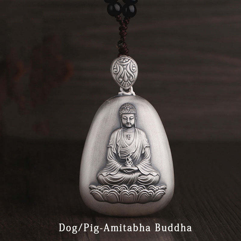 999 Sterling Silver Chinese Zodiac Natal mystic zen Heart Sutra Engraved Protection Necklace Pendant