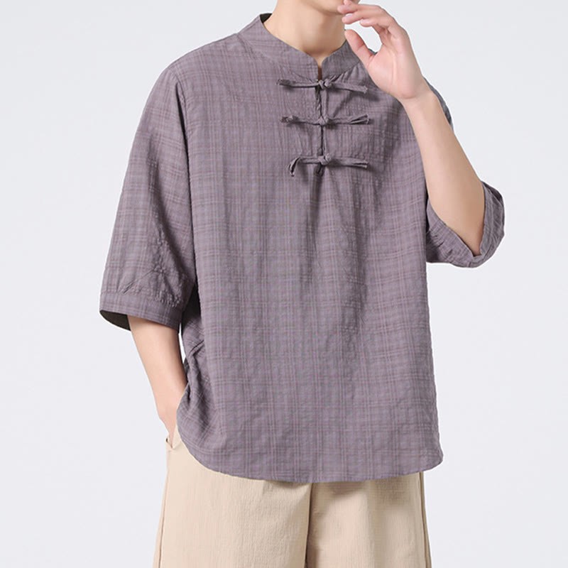 Frog-Button Plaid Pattern Chinese Tang Suit Half Sleeve Shirt Cotton Linen Men Clothing