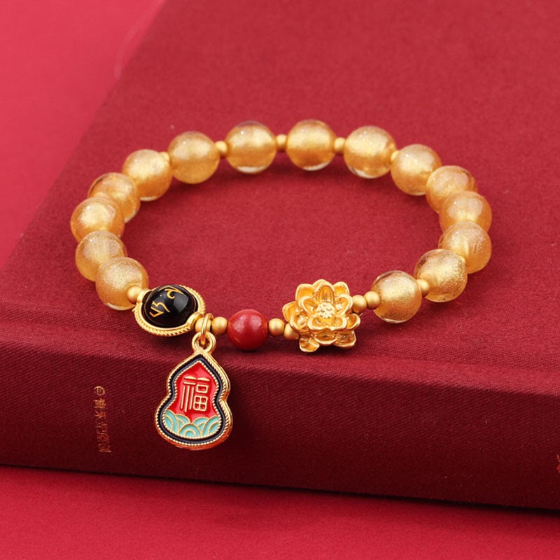 Tibet Om Mani Padme Hum Fu Character Gourd Charm Lotus Liuli Glass Bead Luck Bracelet