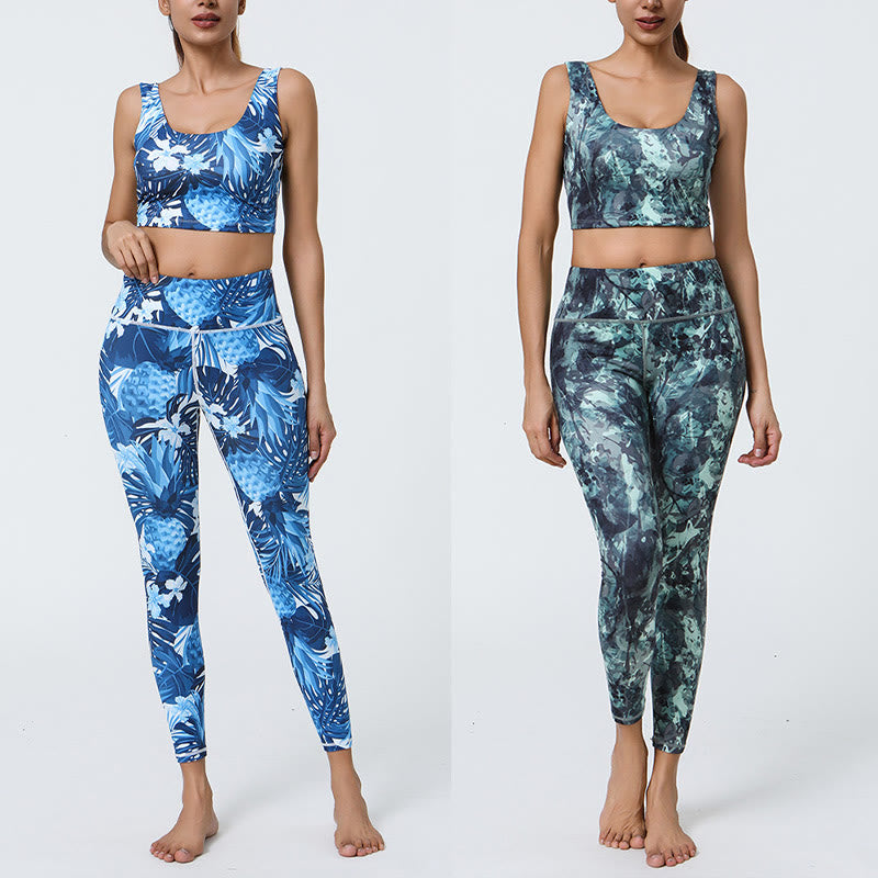 2Pcs Pineapple Grass Leaves Print Sports Fitness Crop Tank Bra High Waist Leggings Yoga Pants
