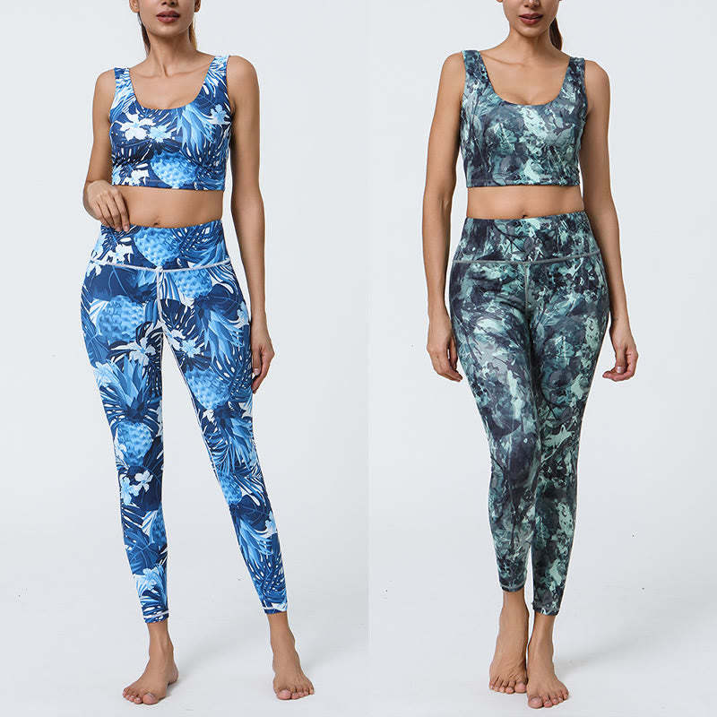 2Pcs Pineapple Grass Leaves Print Sports Fitness Crop Tank Bra High Waist Leggings Yoga Pants