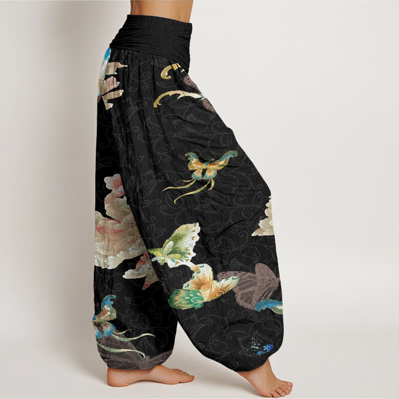 Chrysanthemums Butterflies Pattern Women's Elastic Waist Harem Pants