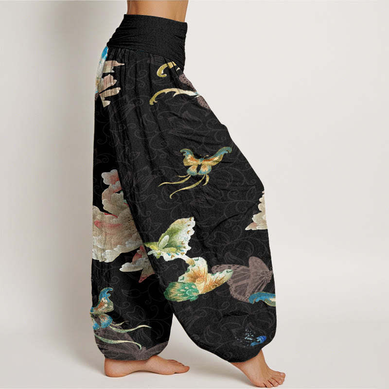 Chrysanthemums Butterflies Pattern Women's Elastic Waist Harem Pants