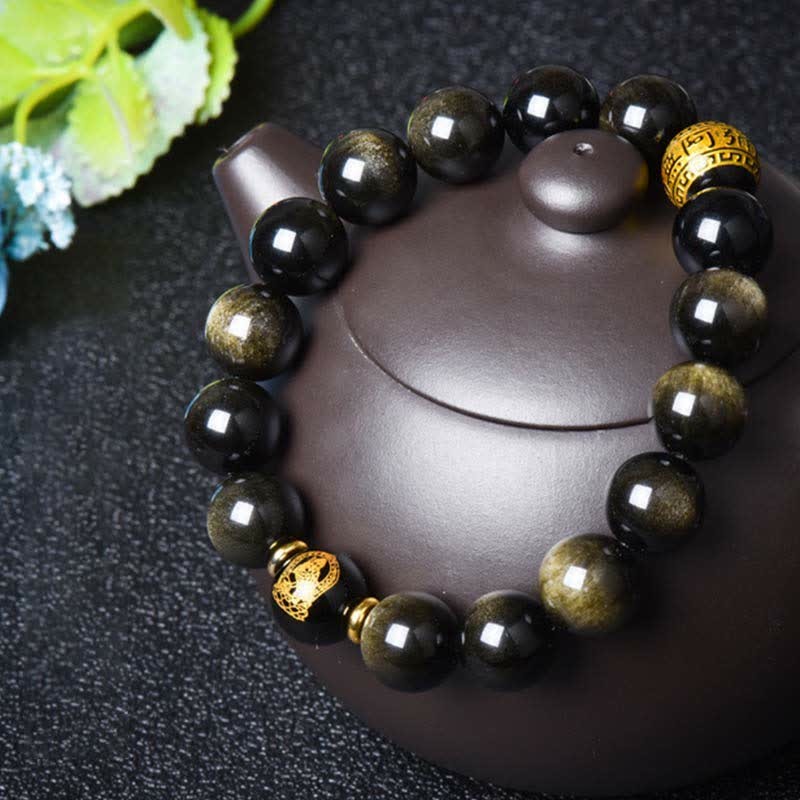 Chinese Zodiac Natal mystic zen Gold Sheen Obsidian Wealth Protection Bracelet