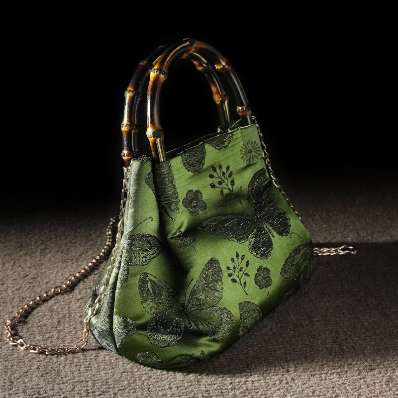 Jacquard Flowers Butterfly Bamboo Handle Metal Chain Crossbody Bag Hangbags