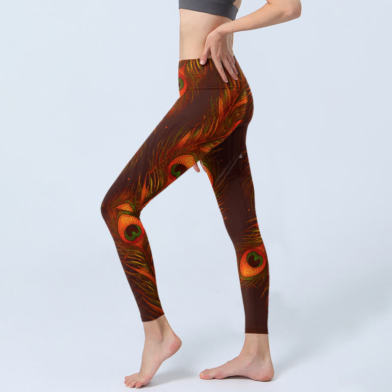 Brown Peacock Feathers Print Gym Leggings Women's Yoga Pants