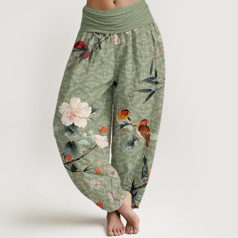 Warbler Bird Blooming Flower Branches Mandala Pattern Women's Elastic Waist Harem Pants