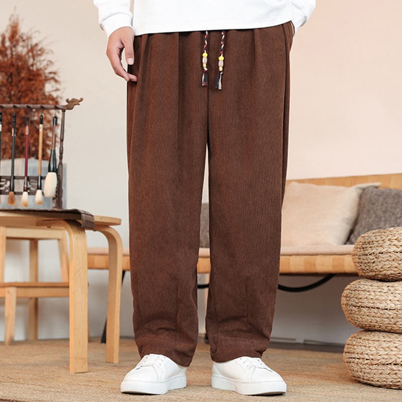 Fall Winter Men's Drawstring Corduroy Solid Pants With Pockets