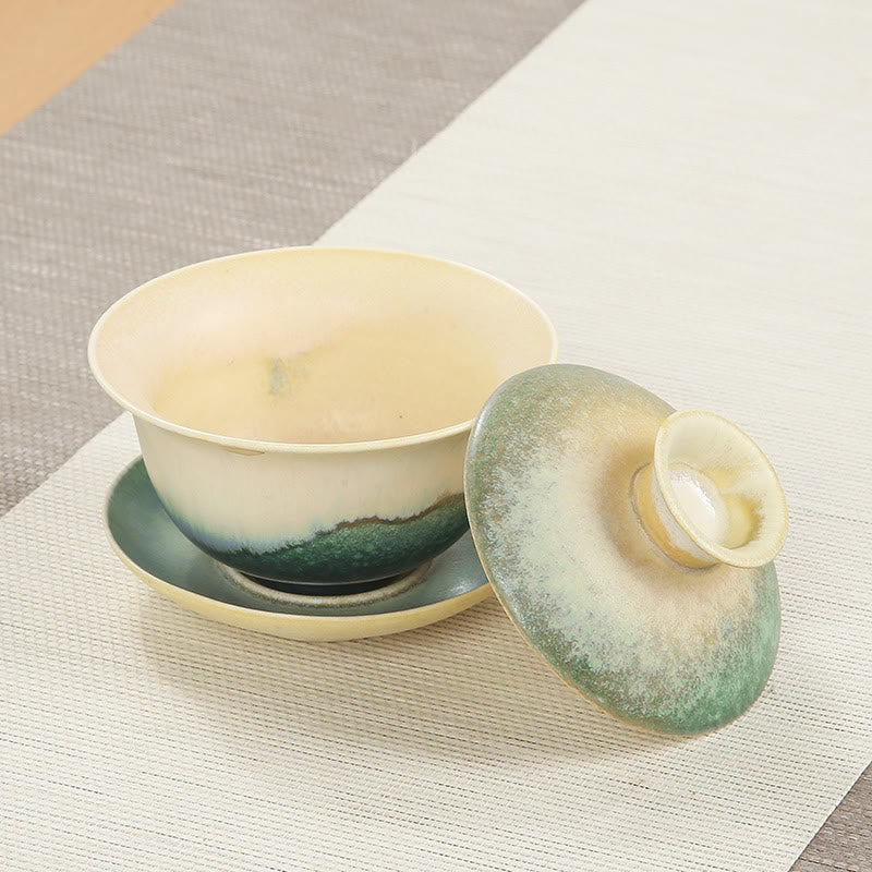 Green Ocean Waves Design Porcelain Ceramic Gaiwan Sancai Teacup Kung Fu Tea Cup And Saucer With Lid